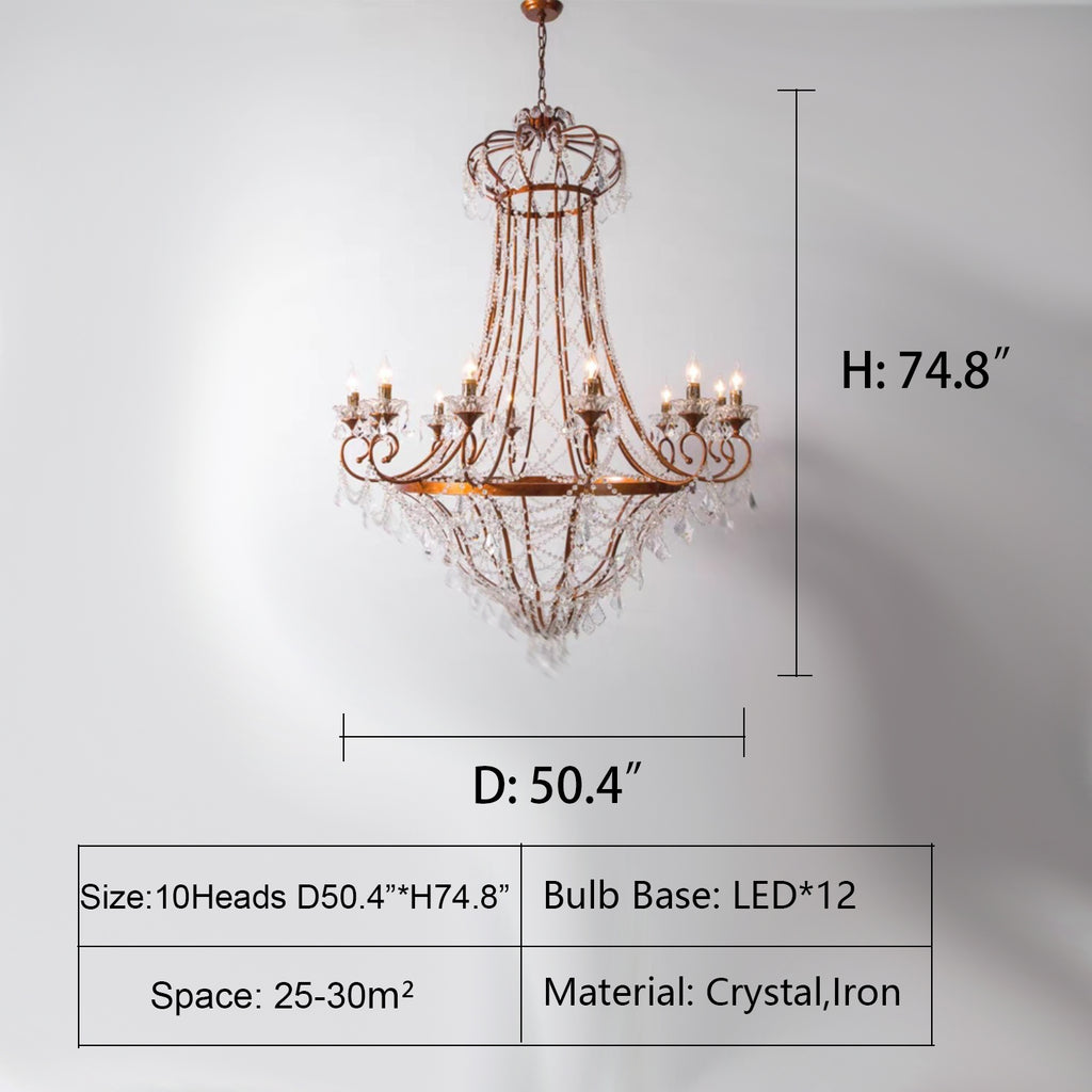 12Heads: D50.4"*H74.8"  coral, candle, retro, vintage, antique, oversized, extra large, for high-ceiling room, crystal, iron, staircase, villa, cafes