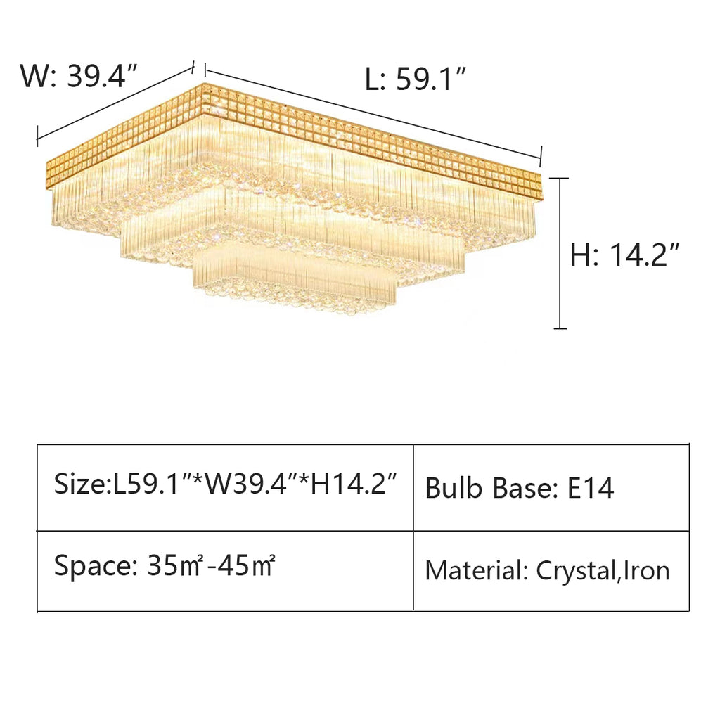 L:59.1"*W39.4"*H14.2"  gold, rectangle, extra large, oversized, for large space, flush mount, tiered, living room, dining room, crystal