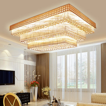 gold, rectangle, extra large, oversized, for large space, flush mount, tiered, living room, dining room, crystal