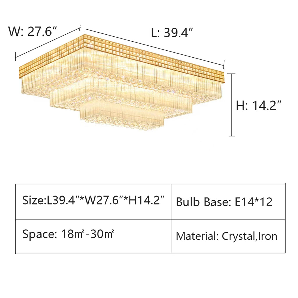 L:39.4"*W27.6"*H14.2"  gold, rectangle, extra large, oversized, for large space, flush mount, tiered, living room, dining room, crystal