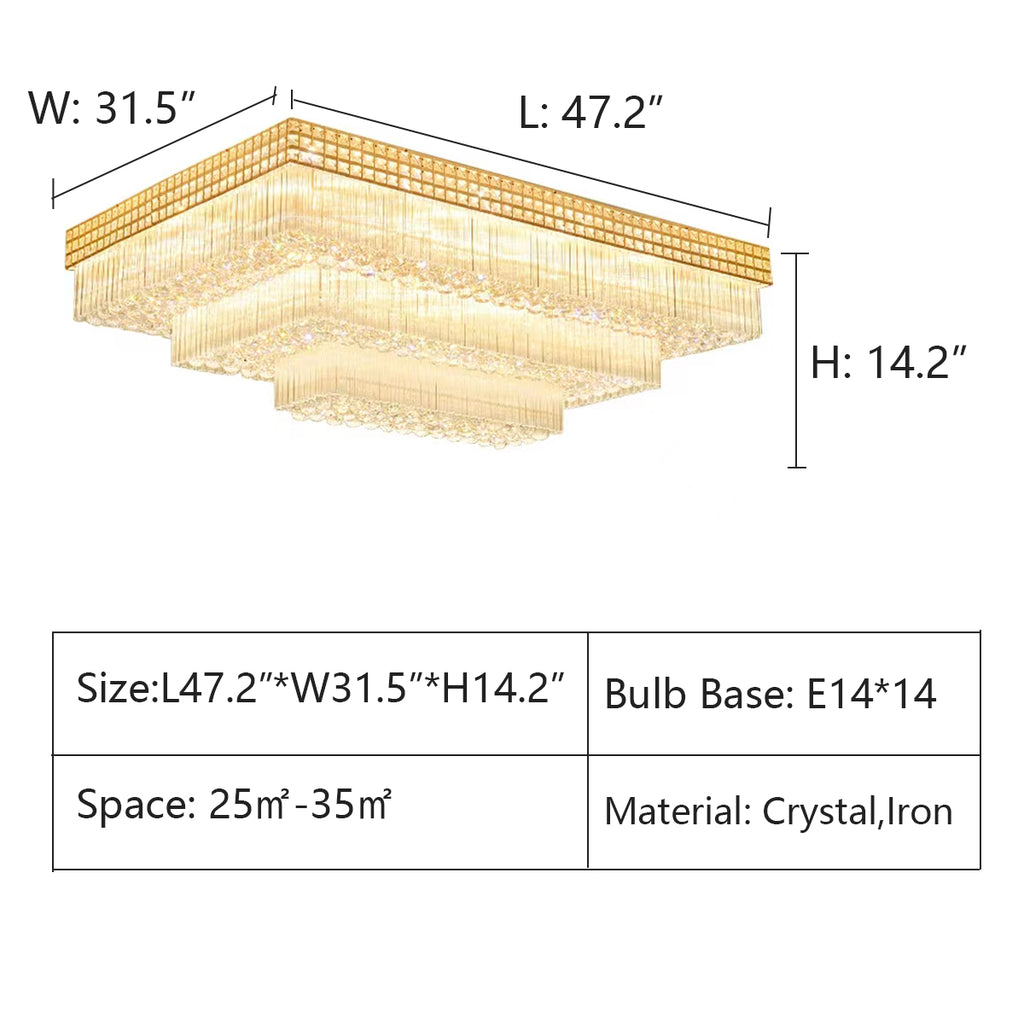 L:47.2"*W31.5"*H14.2"  gold, rectangle, extra large, oversized, for large space, flush mount, tiered, living room, dining room, crystal
