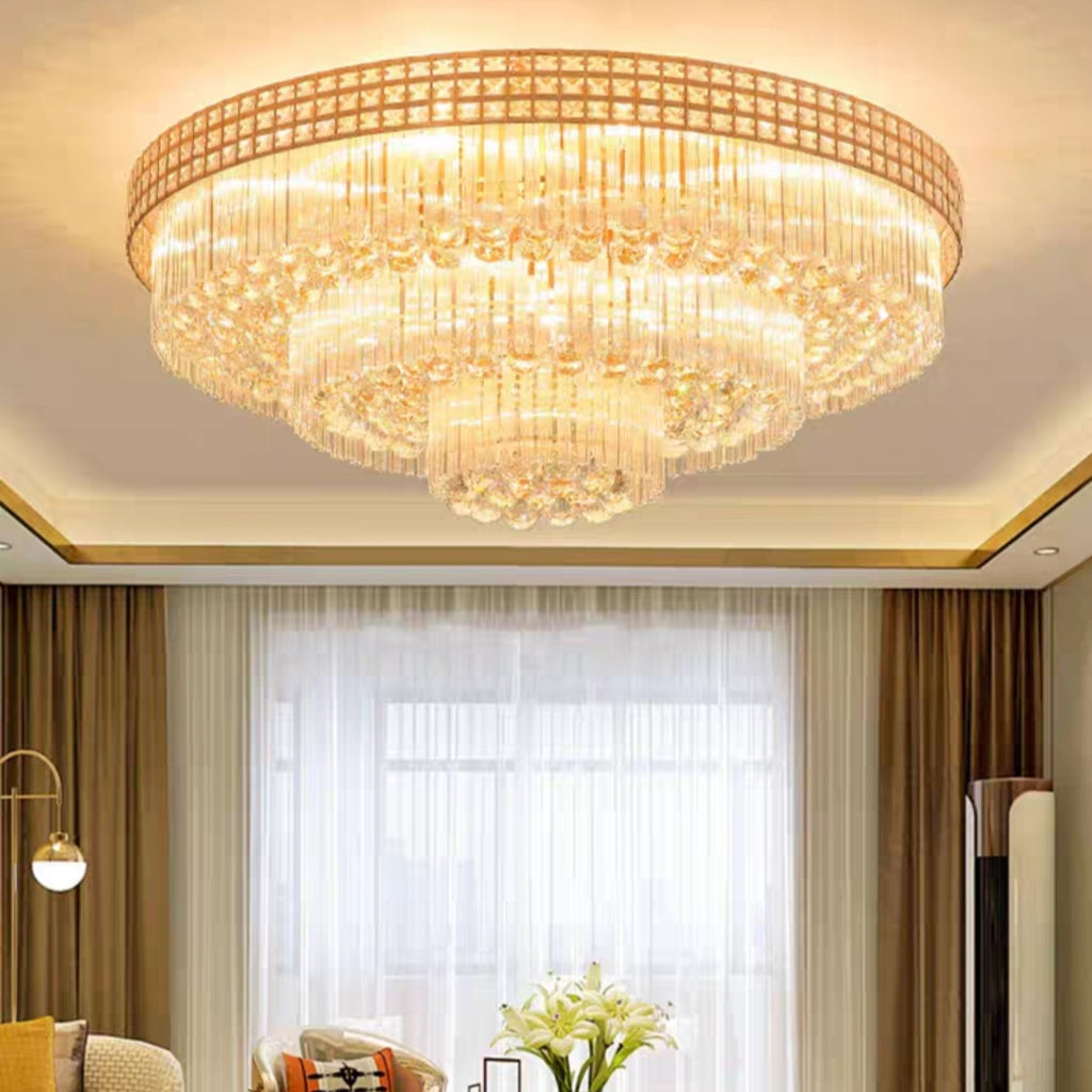 gold, rround, extra large, oversized, for large space, flush mount, tiered, living room, dining room, crystal