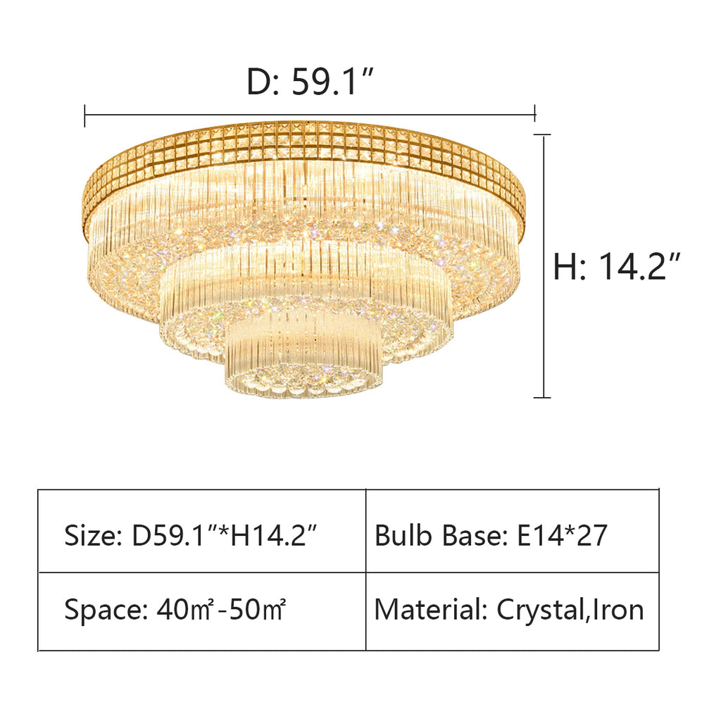 D59.1"*H14.2"  gold, rround, extra large, oversized, for large space, flush mount, tiered, living room, dining room, crystal
