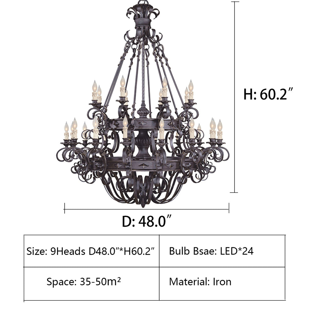 24Heads: D48.0"*H60.2"   extra large, wrought iron, black, tiered, candle, pendant, chandelier, staircase, large living room, villa, big hallway, duplex, cafes, coffee shops