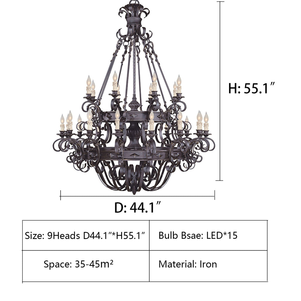 15Heads: D44.1"*H55.1"  extra large, wrought iron, black, tiered, candle, pendant, chandelier, staircase, large living room, villa, big hallway, duplex, cafes, coffee shops