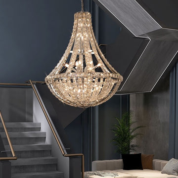 oversized, long, extra large, luxury, empire, chrome, crystal, chandelier, staircase, big hallway, high-ceiling space, large foyer, hotel lobby, villa, duplex, loft