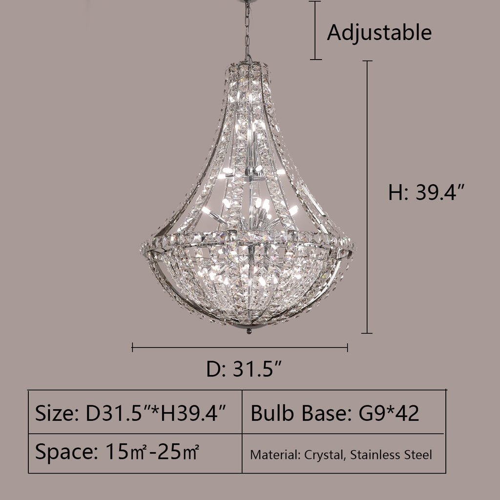 D31.5"*H39.4"  oversized, long, extra large, luxury, empire, chrome, crystal, chandelier, staircase, big hallway, high-ceiling space, large foyer, hotel lobby, villa, duplex, loft