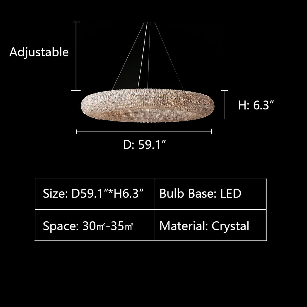 D59.1"*H6.3"  round, ring, hollow, donut, doughnut, crystal, luxury, modern, pendant, chandelier, bedroom, living room, round dining table, home office, dining room