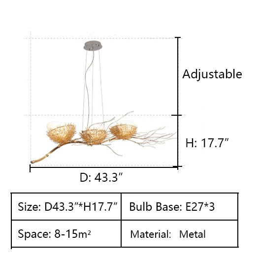 Lateral Branch: D43.3"*H17.7"  hand-woven, creative, art, artistic, bird's nest, gold, pendant, natural, chandelier, living room, dining table, coffee table, bedroom, cafes, bar