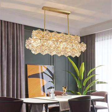 gold, rectangle, modern, facet, crystal pendant, hexagonal, brass, long dining table, kitchen island, bar