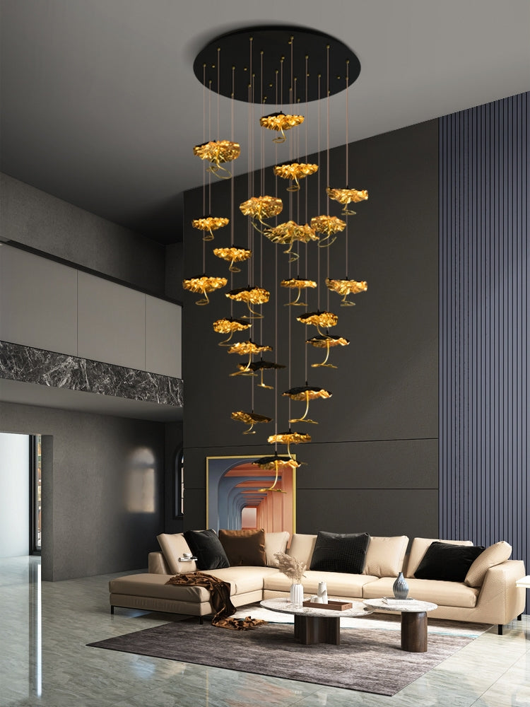 gold, black, post-modern, boho, art, lotus leaf, brass, stainless steel, high-ceiling, living room, staircase, large dining room, foyer, big hallway, decor, chandelier, tiered
