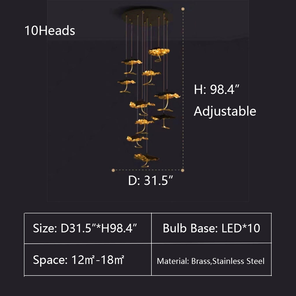 D31.5"*H98.4"  gold, black, post-modern, boho, art, lotus leaf, brass, stainless steel, high-ceiling, living room, staircase, large dining room, foyer, big hallway, decor, chandelier, tiered