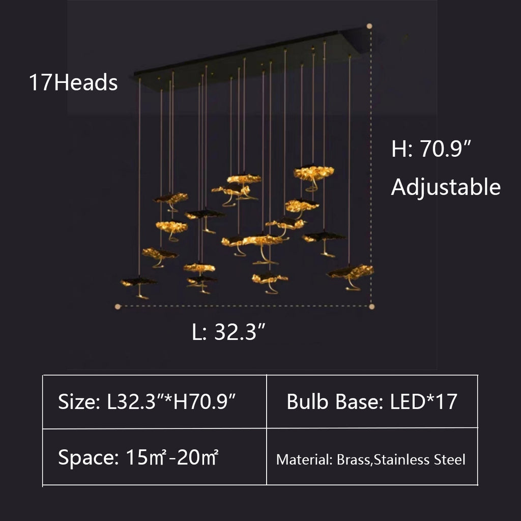 D40.2"*H118.1"  gold, black, post-modern, boho, art, lotus leaf, brass, stainless steel, high-ceiling, living room, staircase, large dining room, foyer, big hallway, decor, chandelier, tiered