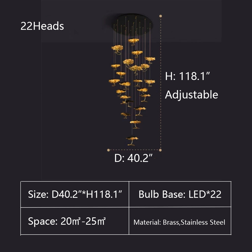 L32.3"*H70.9"  gold, black, post-modern, boho, art, lotus leaf, brass, stainless steel, high-ceiling, living room, staircase, large dining room, foyer, big hallway, decor, chandelier, tiered