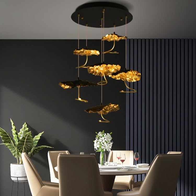 gold, black, post-modern, boho, art, lotus leaf, brass, stainless steel, high-ceiling, living room, staircase, large dining room, foyer, big hallway, decor, chandelier, tiered 