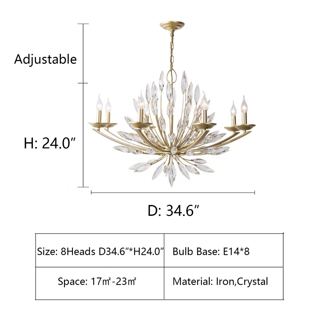 8Heads: D34.6"*H24"  gold, lily bud, flower, floral, crystal, candle, living room, bedroom, walk-in closets, blomming