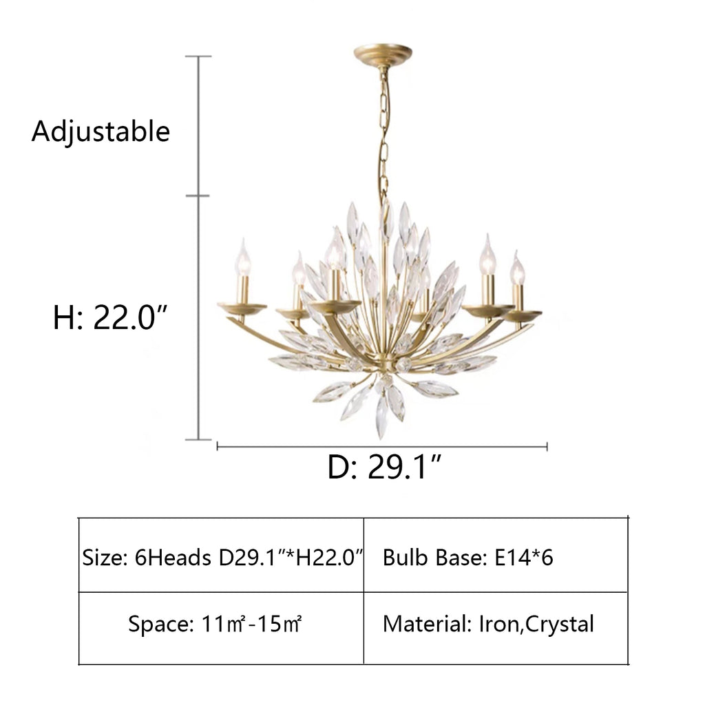 6Heads: D29.1"*H22"  gold, lily bud, flower, floral, crystal, candle, living room, bedroom, walk-in closets, blomming