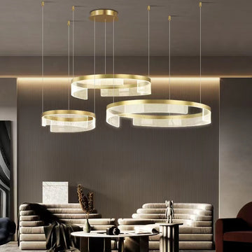 gold, ring, pendant, light luxury, modern, aluminum, acrylic, round, tiered, living room, dining room, bedroom