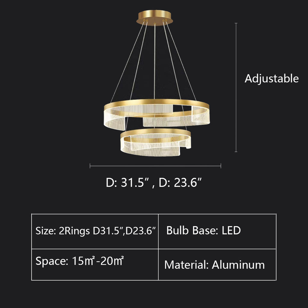 2Rings: D31.5" D23.6" gold, ring, pendant, light luxury, modern, aluminum, acrylic, round, tiered, living room, dining room, bedroom