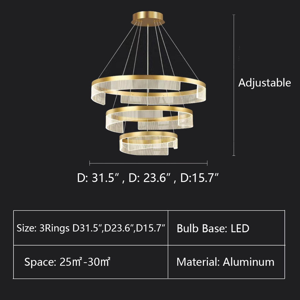 3Rings A: D31.5" D23.6" D15.7"  gold, ring, pendant, light luxury, modern, aluminum, acrylic, round, tiered, living room, dining room, bedroom