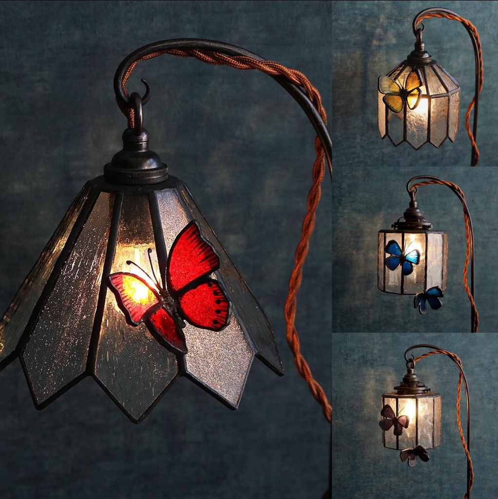 antique, vintage, Tiffany, lamp, nostalic, glass, butterfly, umbrella, natural, colorful, inpressionism, bedside, coffee table