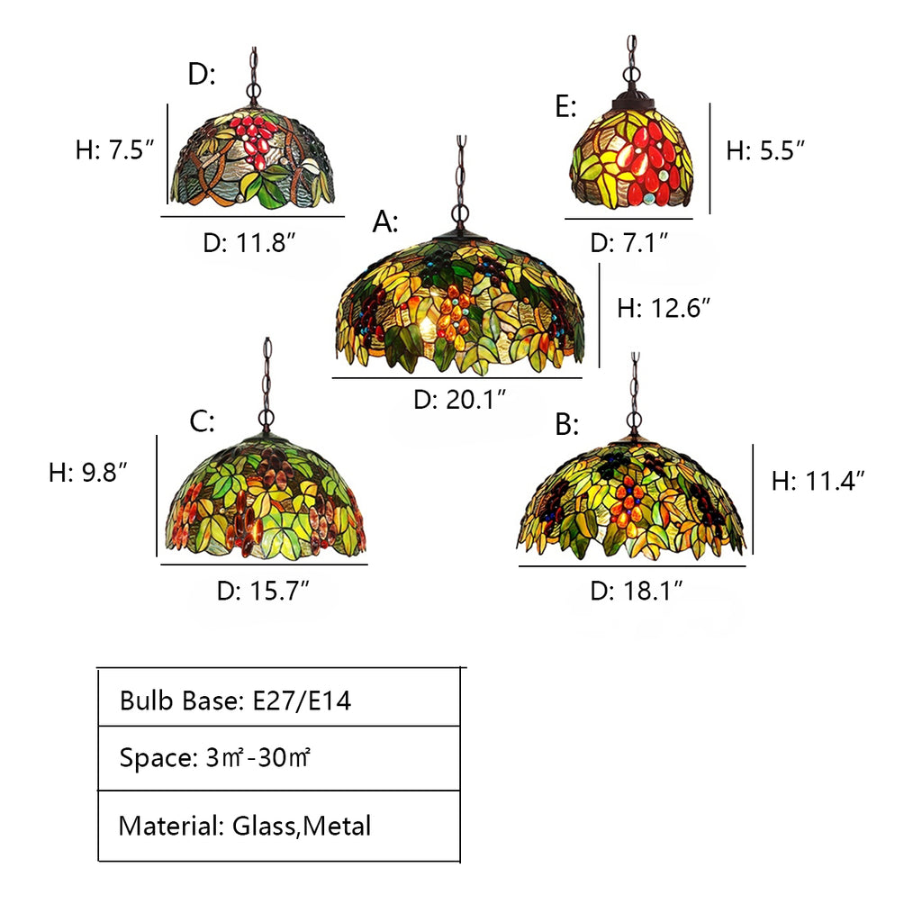 A: D20.1"*H12.6"  Meyda Tiffany, chandelier, pendant light, grape stained, glass, ceiling, colorful, multi-color, dining room, kitchen island, bar, cafe