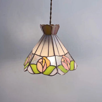 light colored, Tiffany Chandelier, rose stained, pendant light, colorful, antique, vintage, coffee table, bedside, entrance, hallway, foyer, kitchen island, small dining table