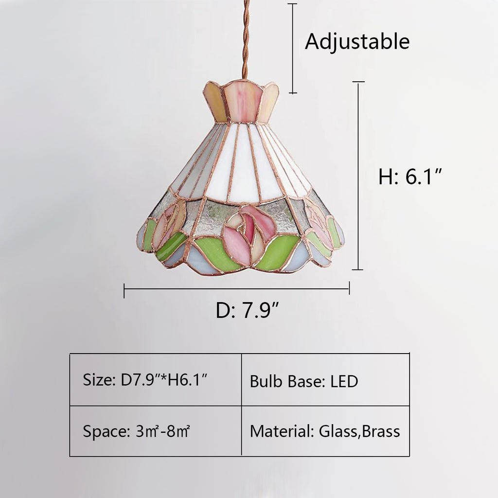 D7.9"*H6.1"  light colored, Tiffany Chandelier, rose stained, pendant light, colorful, antique, vintage, coffee table, bedside, entrance, hallway, foyer, kitchen island, small dining table