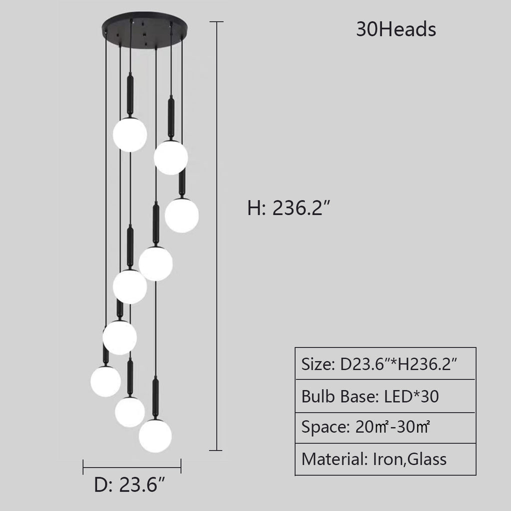 30Heads: D23.6"*H236.2"  black iron, glass lamp shade, norduc, scandinavian, minimalism, extra long, oversized, staircase, cascade spiral, tiered,  large, high-ceiling space