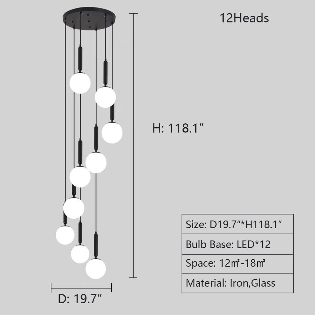 12Heads: D19.7"*H118.1"  black iron, glass lamp shade, norduc, scandinavian, minimalism, extra long, oversized, staircase, cascade spiral, tiered,  large, high-ceiling space