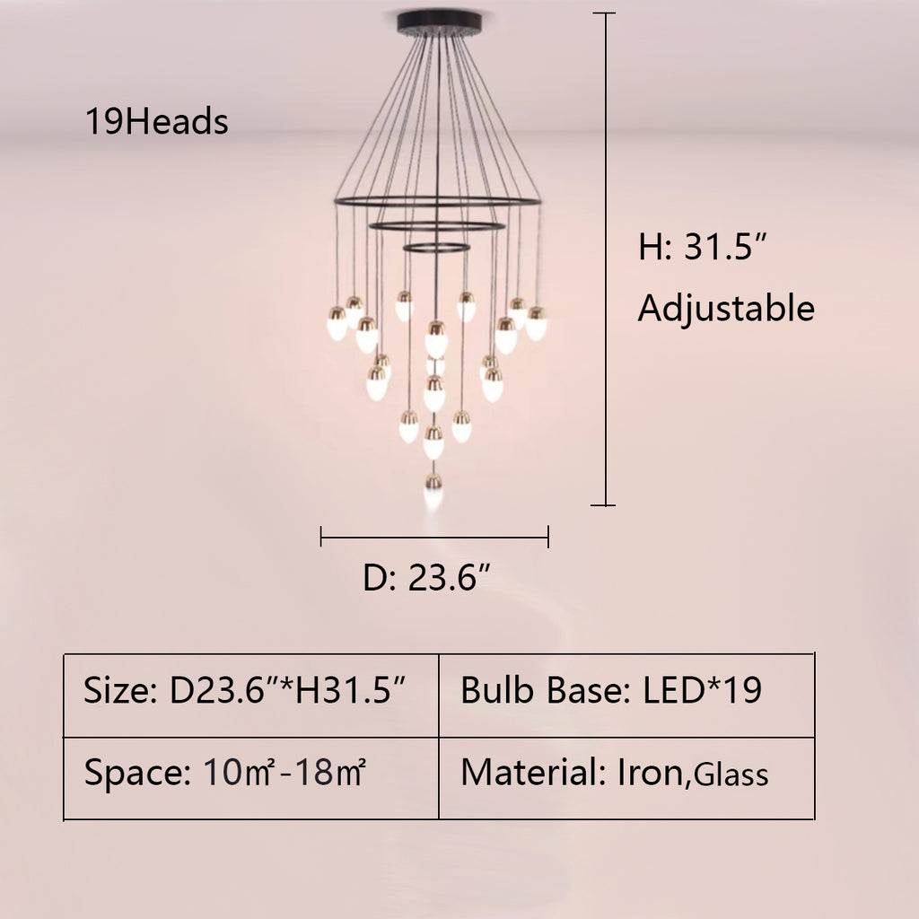 19Heads: D23.6"*H31.5" black iron, tieren ,line sense, extra large, oversized, for large space, for high ceiling room, glass, raindrops, post modern, ring, Drape Multi-Tier Chandelier