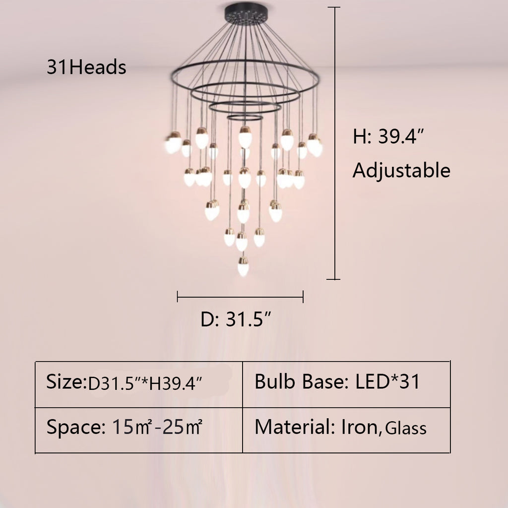31Heads: D31.5"*H31.5"  black iron, tieren ,line sense, extra large, oversized, for large space, for high ceiling room, glass, raindrops, post modern, ring, Drape Multi-Tier Chandelier