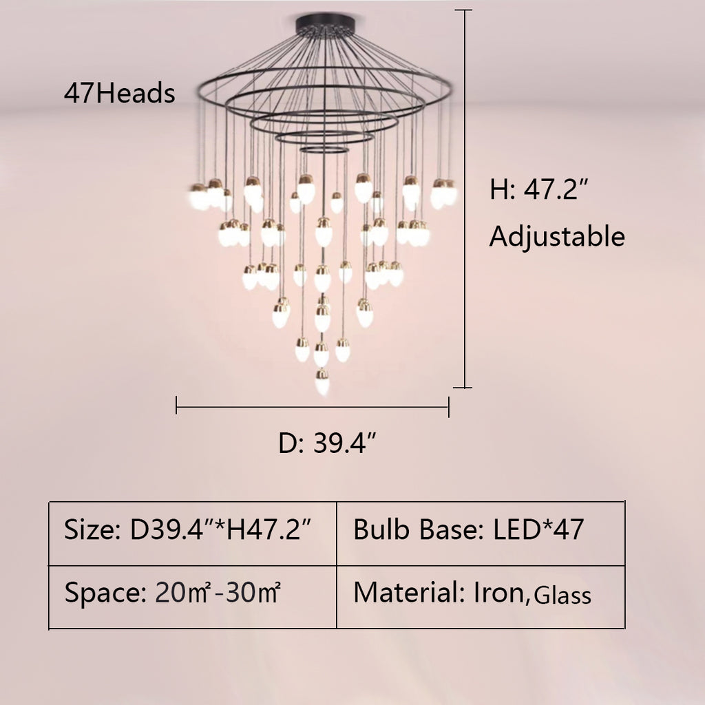 47Heads: D39.4"*H47.2"  black iron, tieren ,line sense, extra large, oversized, for large space, for high ceiling room, glass, raindrops, post modern, ring, Drape Multi-Tier Chandelier