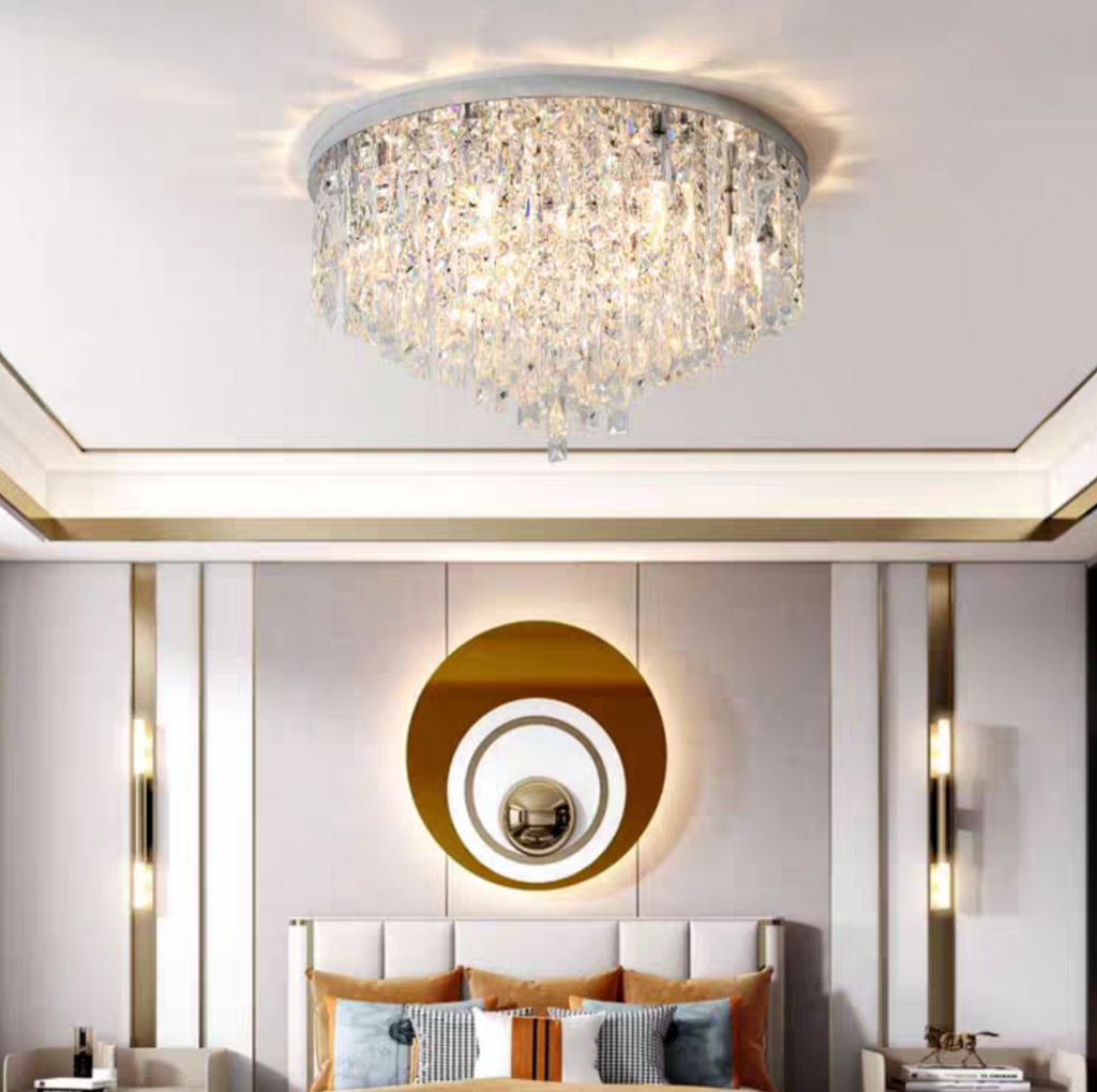 flush mount, modern, round, tiered, crystal pendant, crystal rods, chrome, living room, round dining table, bedroom