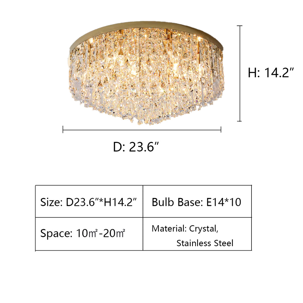 D23.6"*H14.2"  flush mount, modern, round, tiered, crystal pendant, crystal rods, chrome, living room, round dining table, bedroom