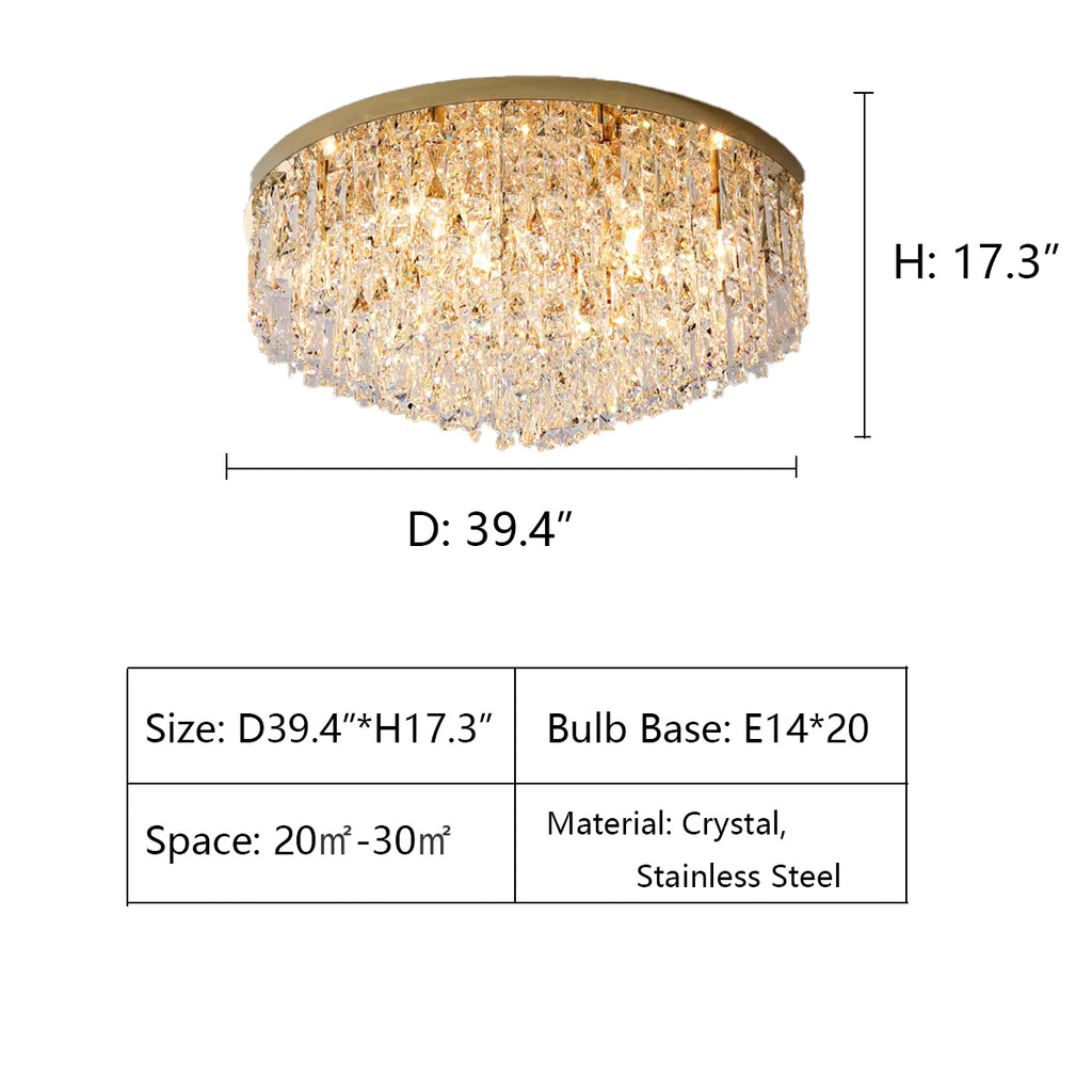 D39.4"*H17.3"  flush mount, modern, round, tiered, crystal pendant, crystal rods, chrome, living room, round dining table, bedroom