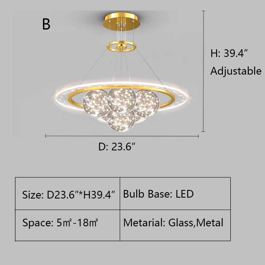 B: D23.6"*H39.4"  tiered, gold, modern, art, starburst, glass, sphere, globe, cluster, pendant, chandelier, living room, round dining table, bedroom, loft, villa, duplex