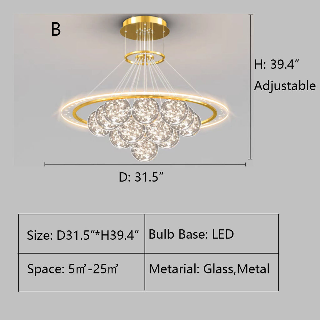 B: D31.5"*H39.4"  tiered, gold, modern, art, starburst, glass, sphere, globe, cluster, pendant, chandelier, living room, round dining table, bedroom, loft, villa, duplex