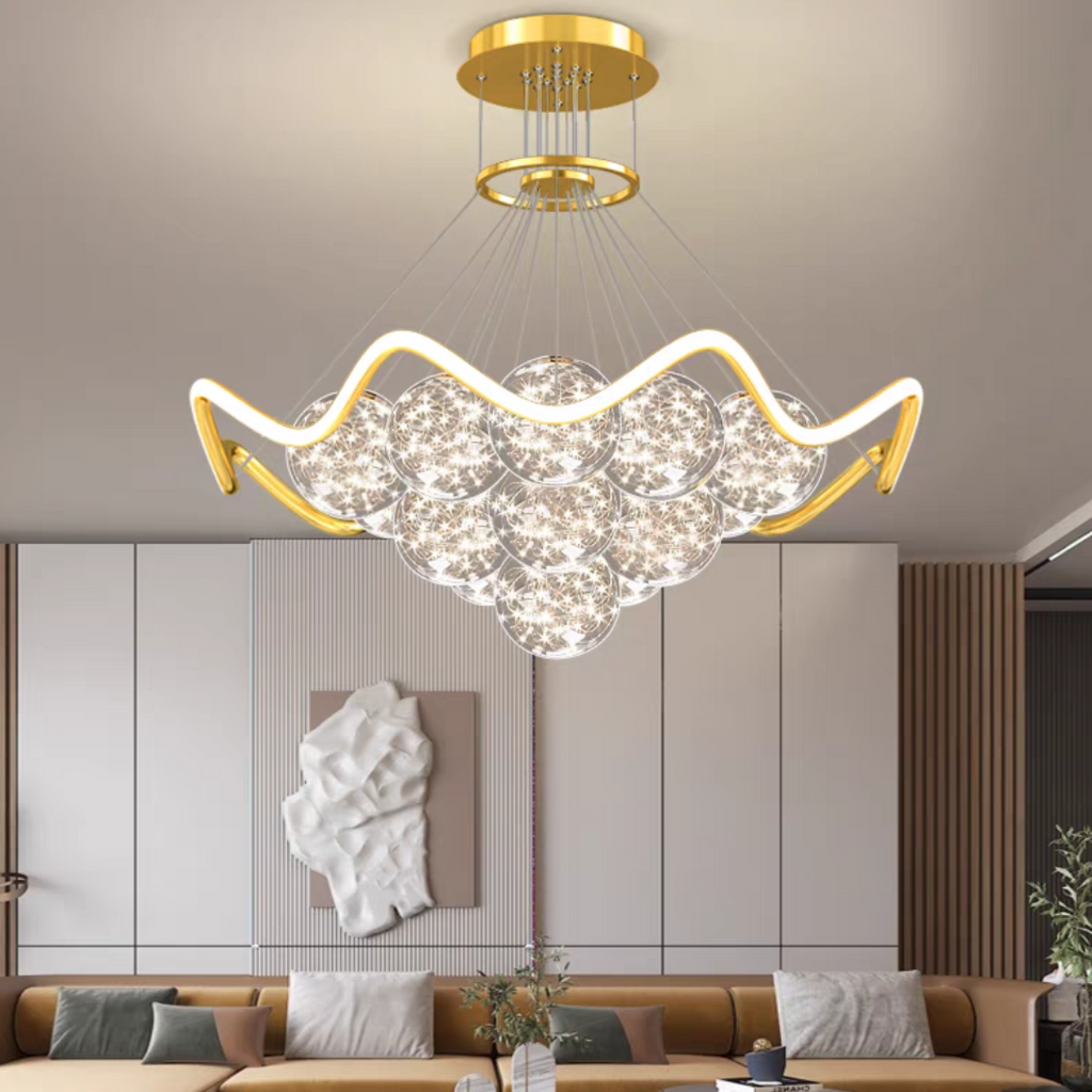 tiered, gold, modern, art, starburst, glass, sphere, globe, cluster, pendant, chandelier, living room, round dining table, bedroom, loft, villa, duplex