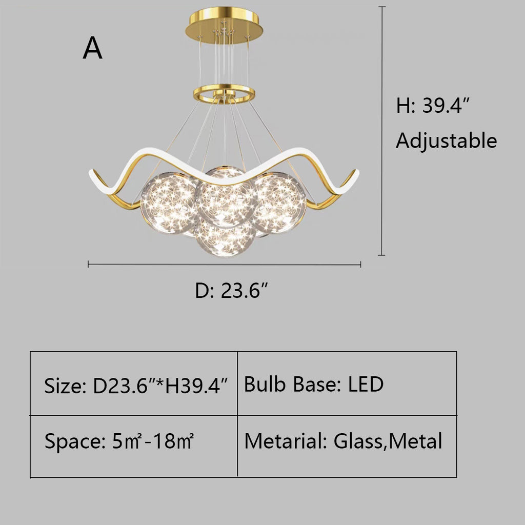 A: D23.6"*H39.4"  tiered, gold, modern, art, starburst, glass, sphere, globe, cluster, pendant, chandelier, living room, round dining table, bedroom, loft, villa, duplex