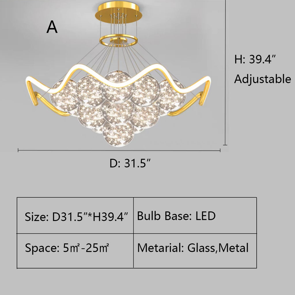 A: D31.5"*H39.4"  tiered, gold, modern, art, starburst, glass, sphere, globe, cluster, pendant, chandelier, living room, round dining table, bedroom, loft, villa, duplex