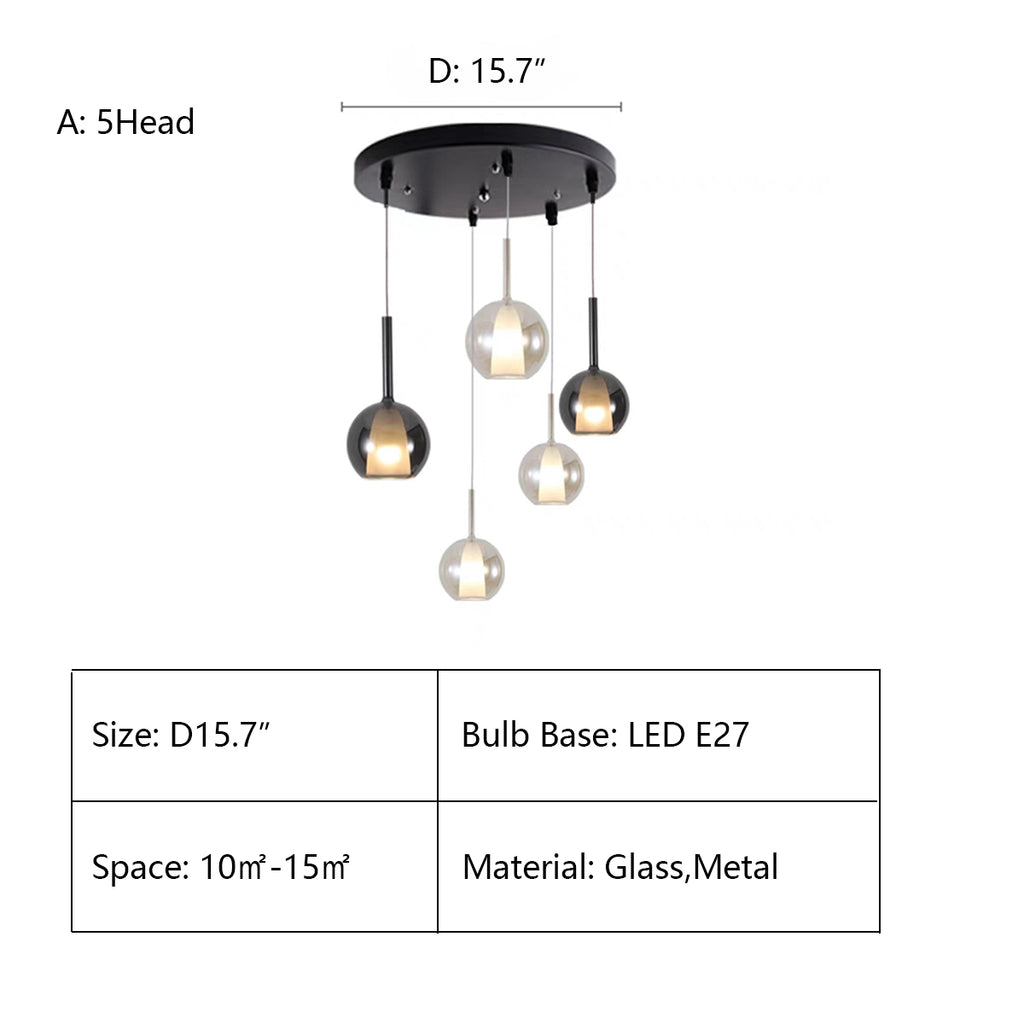 A: 5Heads D15.7"  sphere, round, glass, art, postmodern, goblet, collection, cluster, chandelier, living room, dining room, bedside, staircase, bell, Anthracite, Clear and Cognac