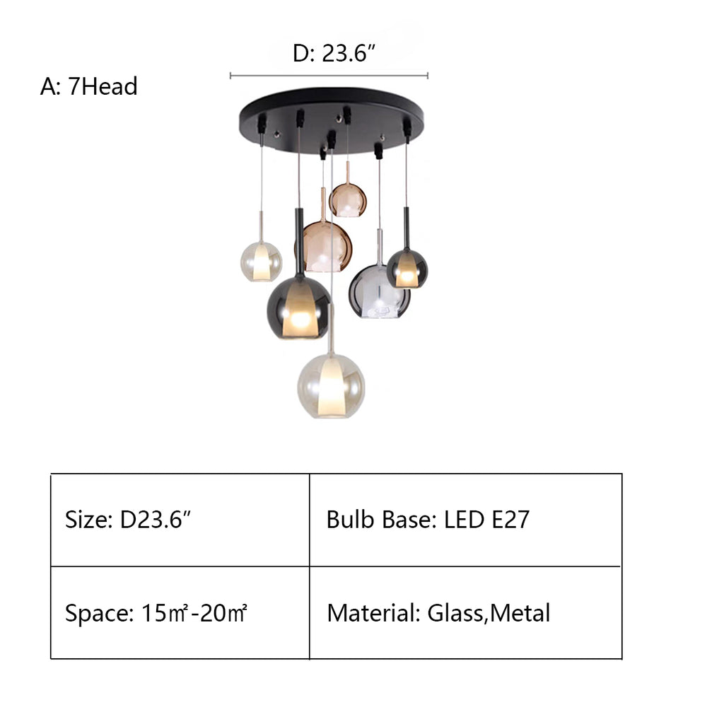 A:7Heads D23.6"  sphere, round, glass, art, postmodern, goblet, collection, cluster, chandelier, living room, dining room, bedside, staircase, bell, Anthracite, Clear and Cognac