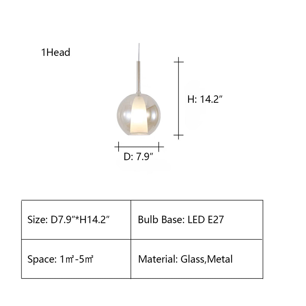 1Head: D7.9"*H14.2"  sphere, round, glass, art, postmodern, goblet, collection, cluster, chandelier, living room, dining room, bedside, staircase, bell, Anthracite, Clear and Cognac