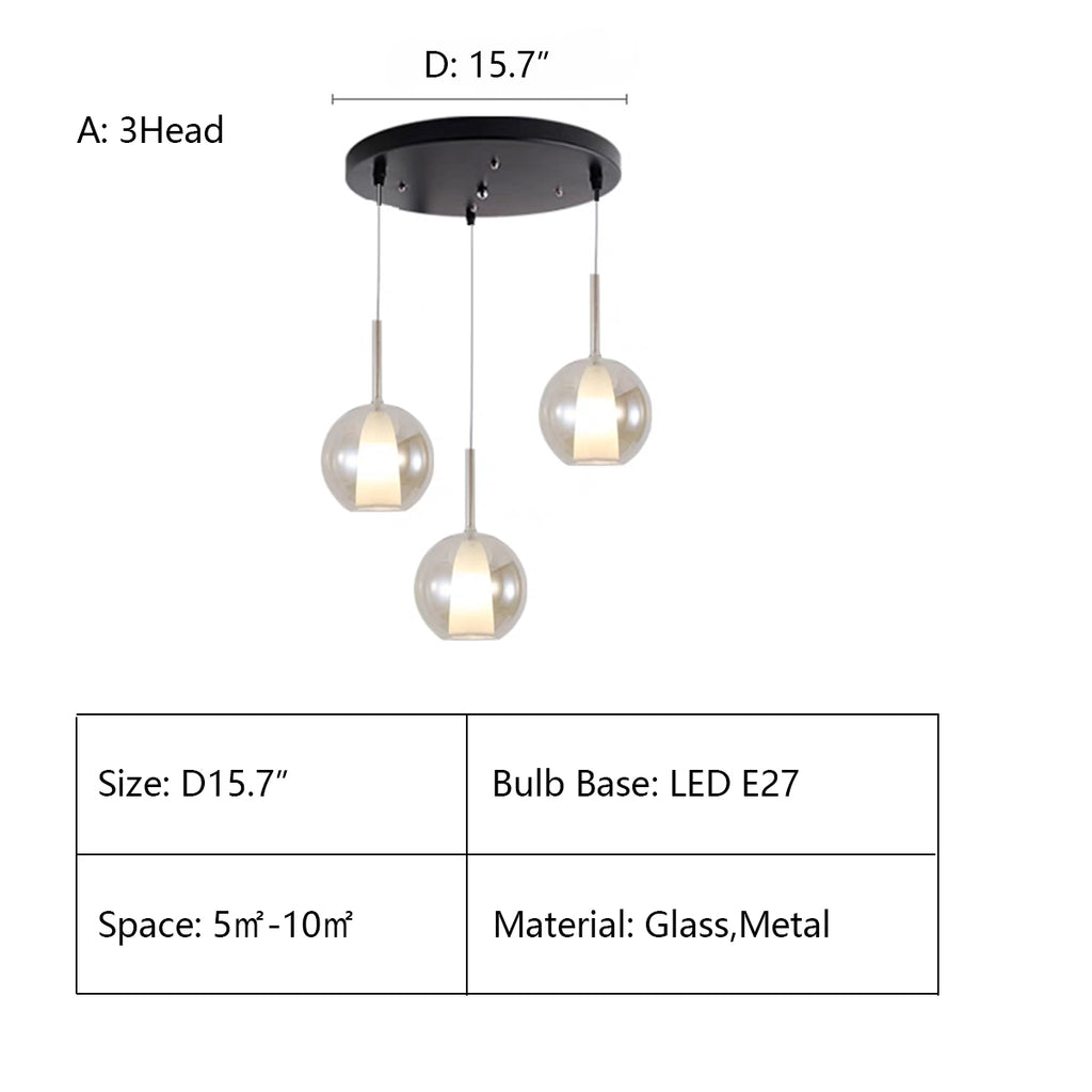 A: 3Heads D15.7"  sphere, round, glass, art, postmodern, goblet, collection, cluster, chandelier, living room, dining room, bedside, staircase, bell, Anthracite, Clear and Cognac