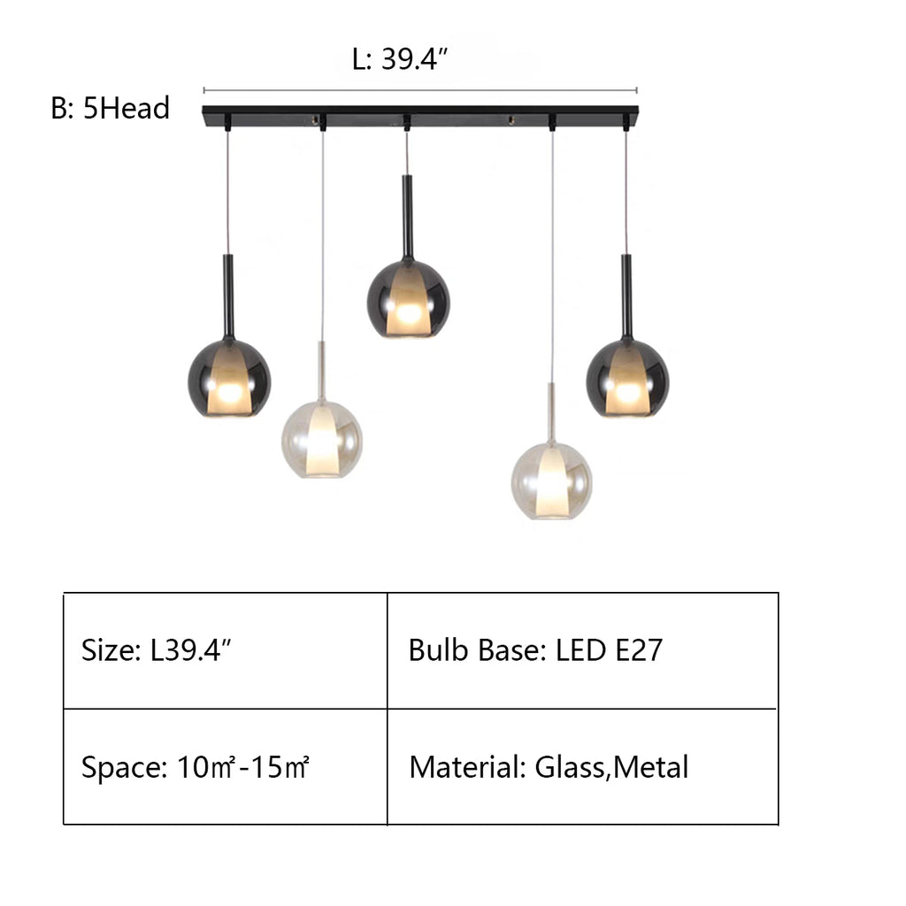 B: 5Heads L39.4"  sphere, round, glass, art, postmodern, goblet, collection, cluster, chandelier, living room, dining room, bedside, staircase, bell, Anthracite, Clear and Cognac