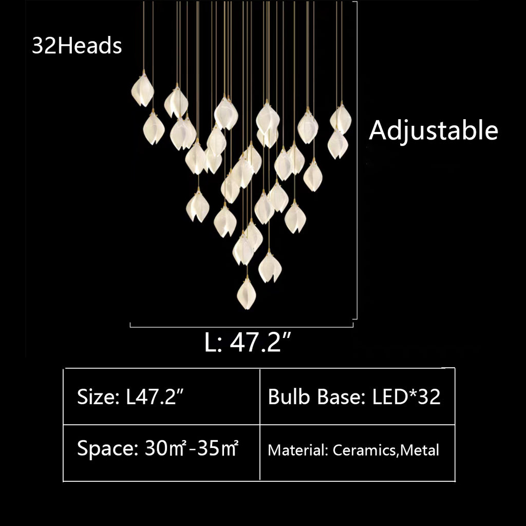 32Heads: D47.2"*H8.7"  pure, white, minimalist, magnolia, flower, floral, cluster, pendant, chandelier, large hallway, foyer, entryway, high-ceiling, big dining room
