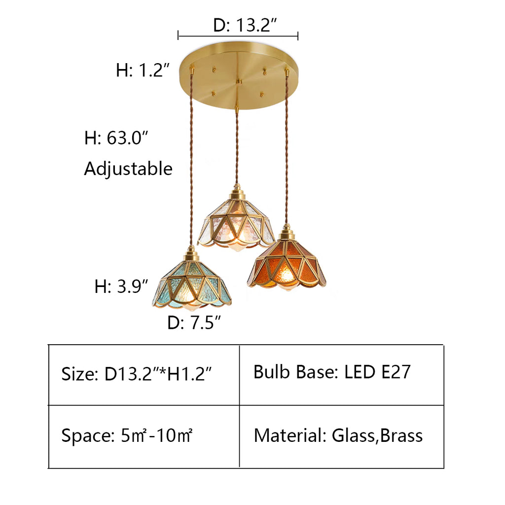 3Heads: D13.2"*H1.2"  light colored, Tiffany Chandelier, stained, pendant light, colorful, antique, vintage, coffee table, bedside, entrance, hallway, foyer, kitchen island, small dining table, colorful