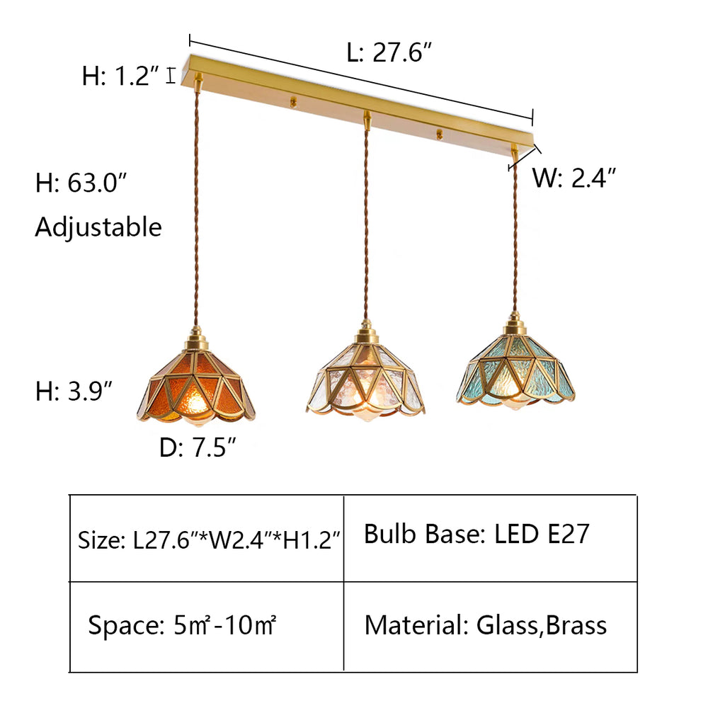 3Heads: L27.6"*W2.4"*H1.2"  light colored, Tiffany Chandelier, stained, pendant light, colorful, antique, vintage, coffee table, bedside, entrance, hallway, foyer, kitchen island, small dining table, colorful