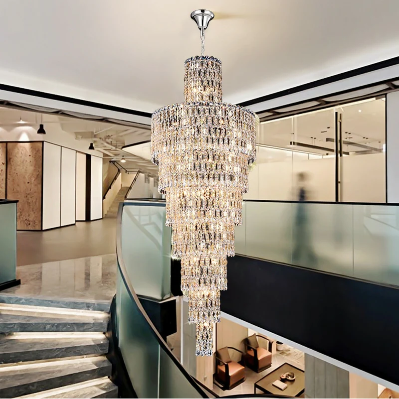 extra large, oversized, extra long, tiered, crystal, chandelier, chrome, finish, high ceiling space,  staircase, large living room, big hallway, hotel lobby, villas, duplex, or any high ceiling space